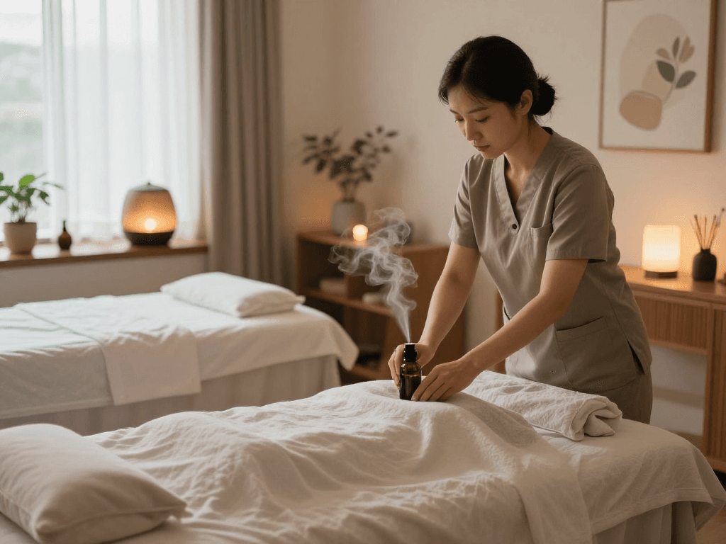 Relaxing 하남출장마사지 preparation scene with calming atmosphere, soothing oils, and inviting decor.