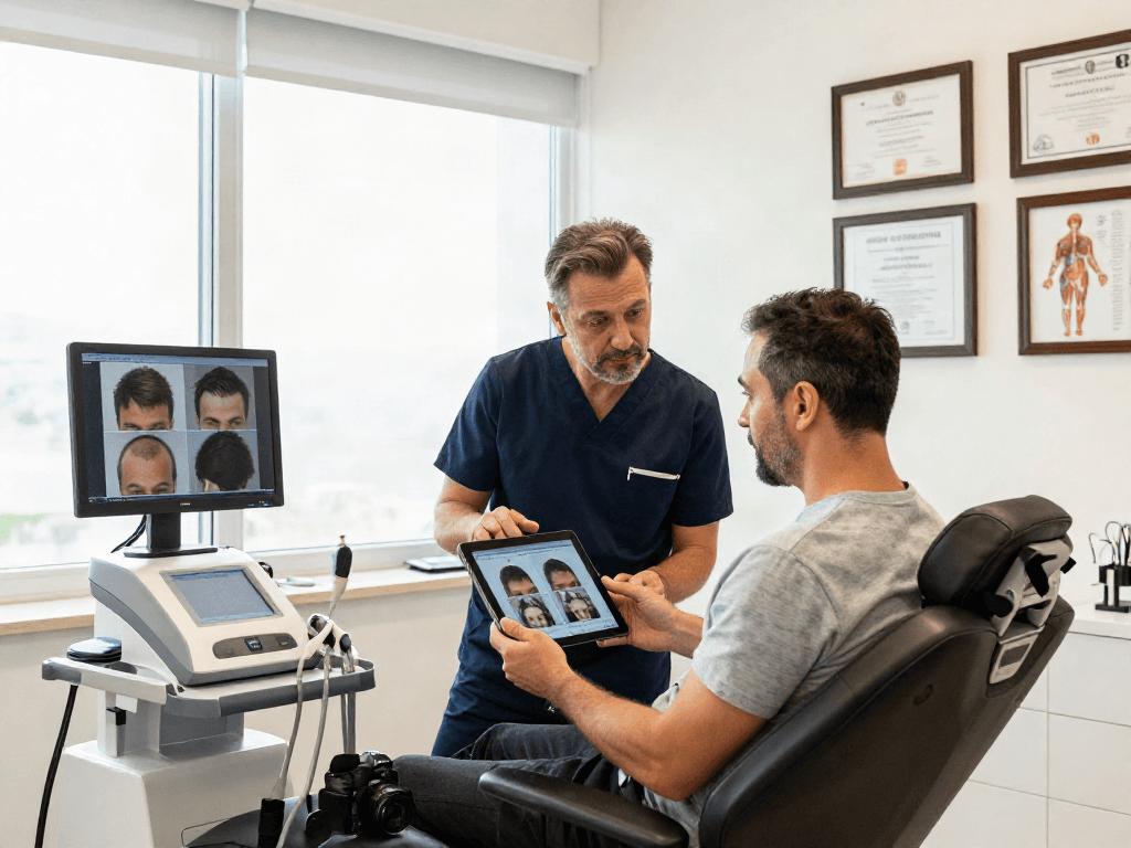 Hair transplant turkey consultation in a modern clinic with patient and surgeon discussing options in a bright, welcoming environment.