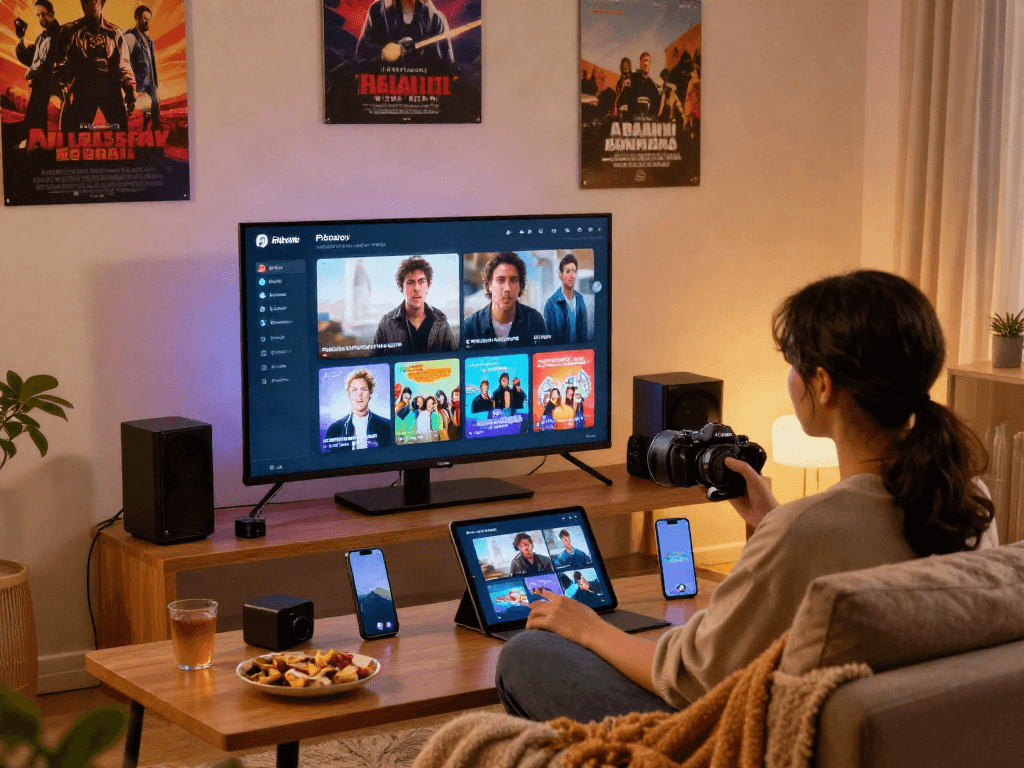 Pikashow streaming experience at home with user engaged with multiple devices in a cozy living room setting.