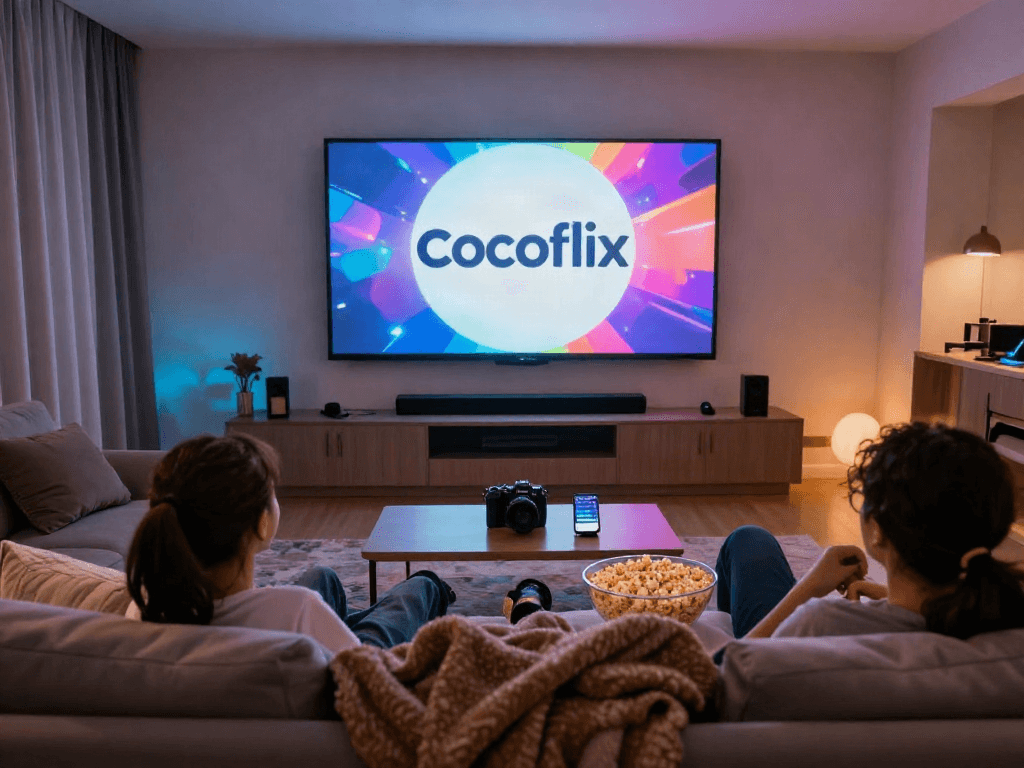 Cocoflix home theater scene featuring a person enjoying a movie night with popcorn and family.