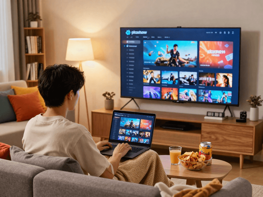 Enjoying Pikashow streaming in a cozy living room with snacks and a vibrant ambiance.