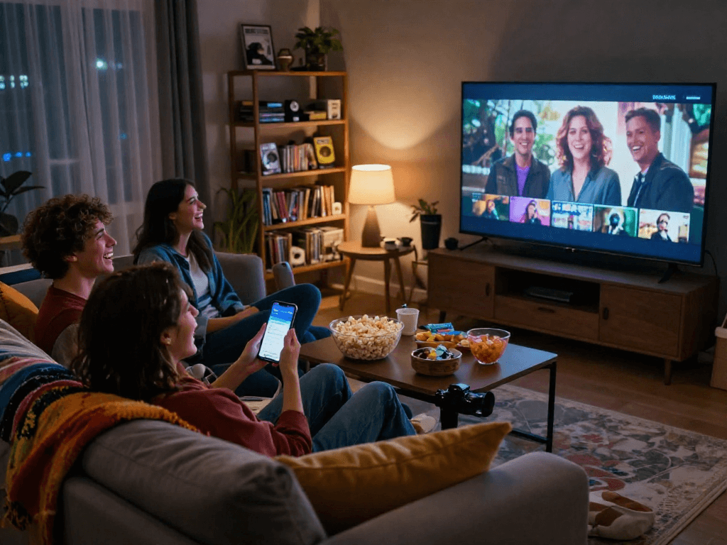 Friends enjoying a movie night with the Moviebox app in a cozy setting.