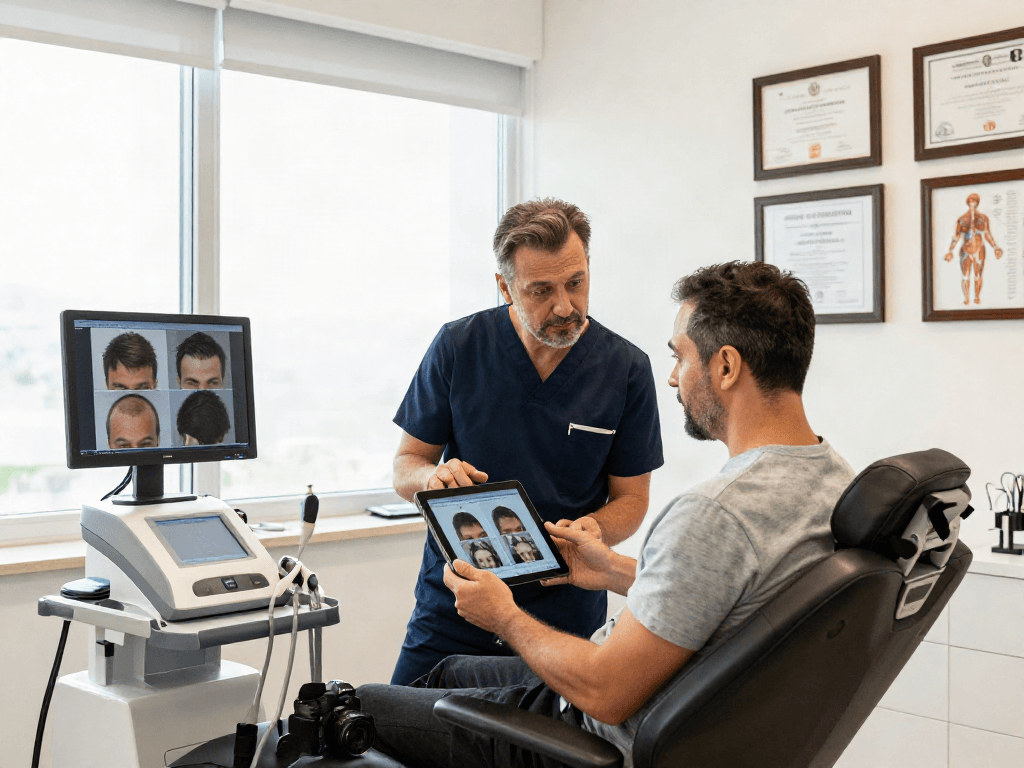 Hair transplant turkey consultation in a modern clinic with patient and surgeon discussing options in a bright, welcoming environment.