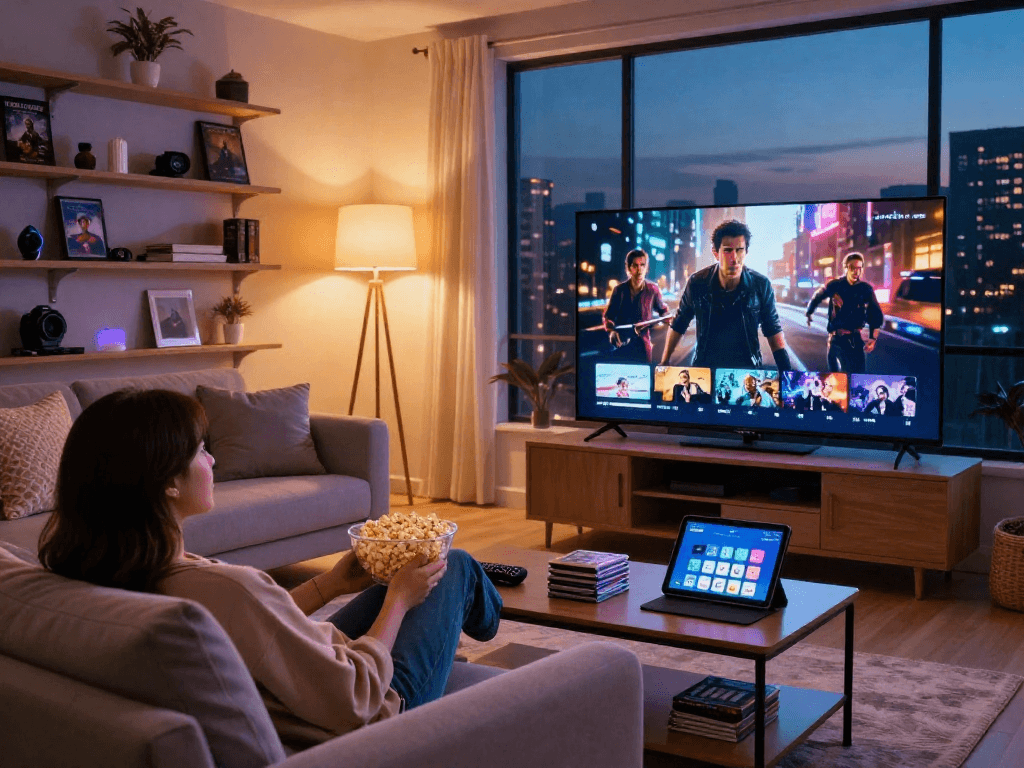 Enjoying a Moviebox streaming session in a cozy home setup with ambient lighting.