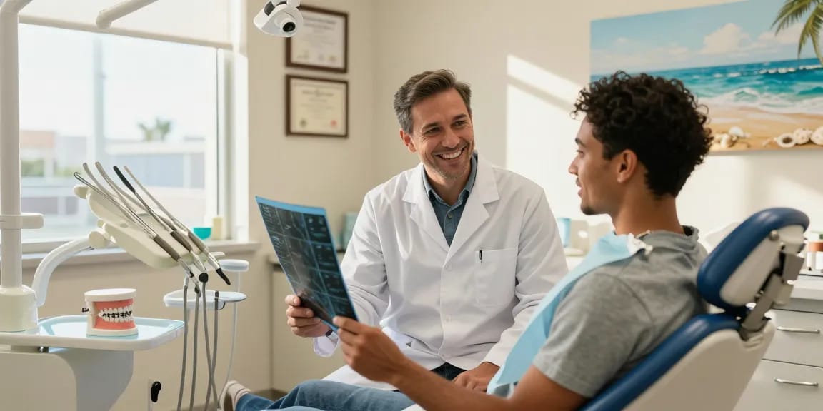Dental implants Newport Beach consultation scene with friendly dentist and patient in a modern clinic.