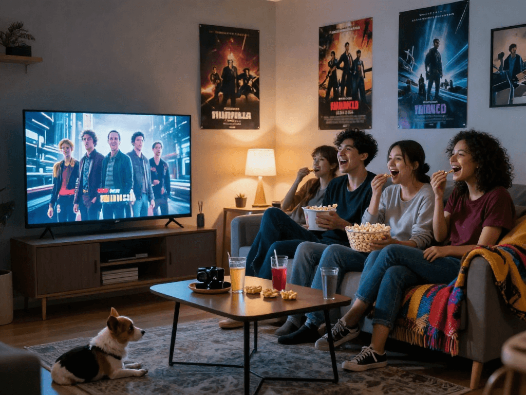 Friends enjoying movie night around large TV, showcasing filmyzilla's streaming appeal in a cozy atmosphere.
