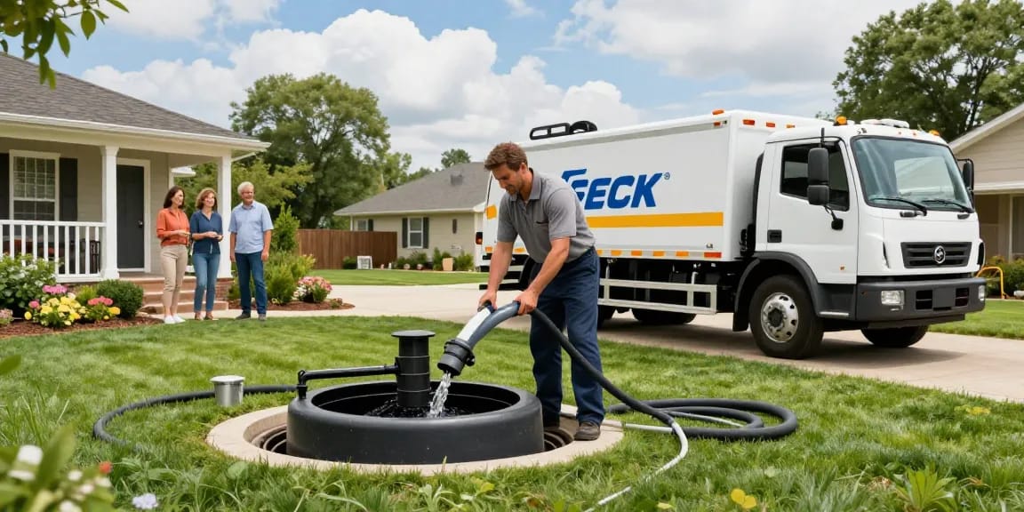 Septic tank pumping IE service in progress, showcasing professional technician at work in a backyard.