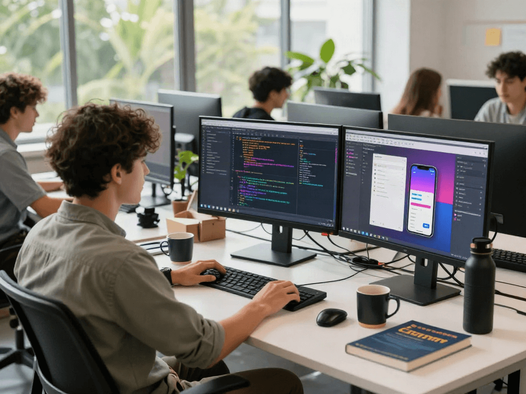 Developer coding on multiple screens with gb whatsapp interface in a modern workspace.