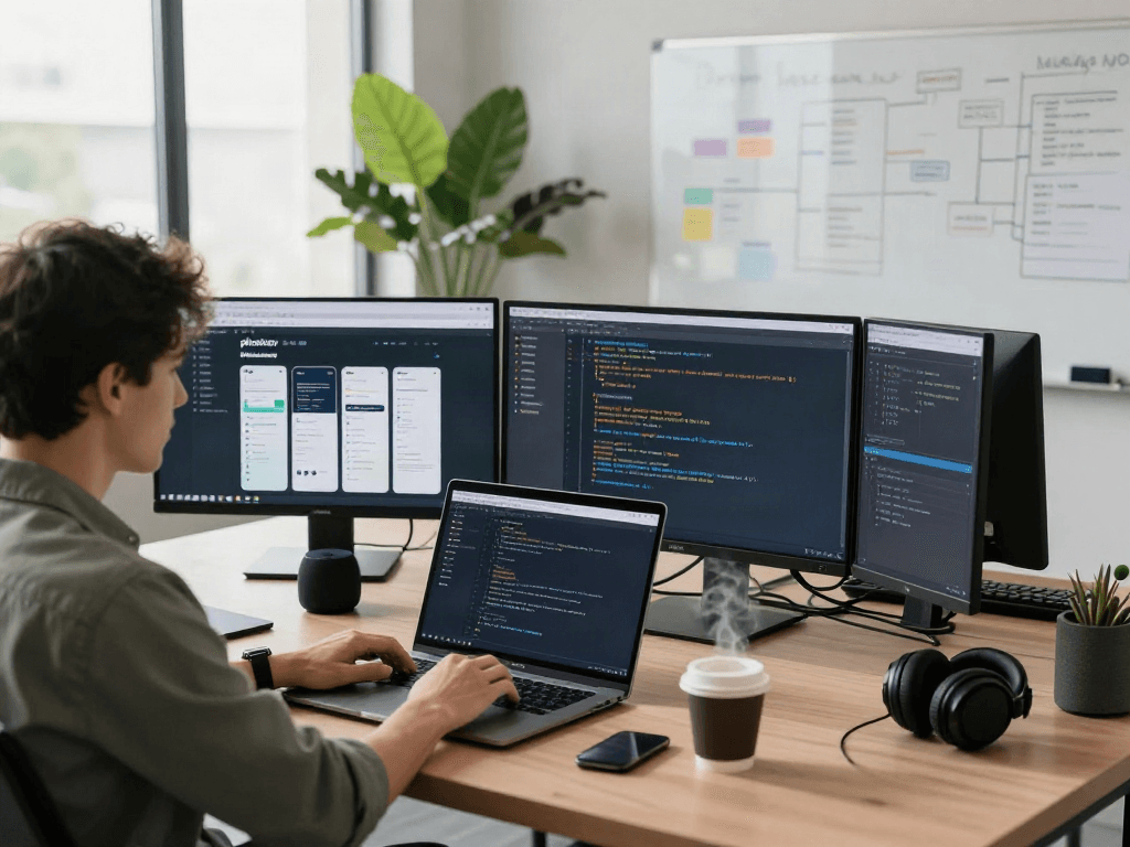 Developer coding the pikashow apk in a modern workspace with multiple screens and vibrant plants.