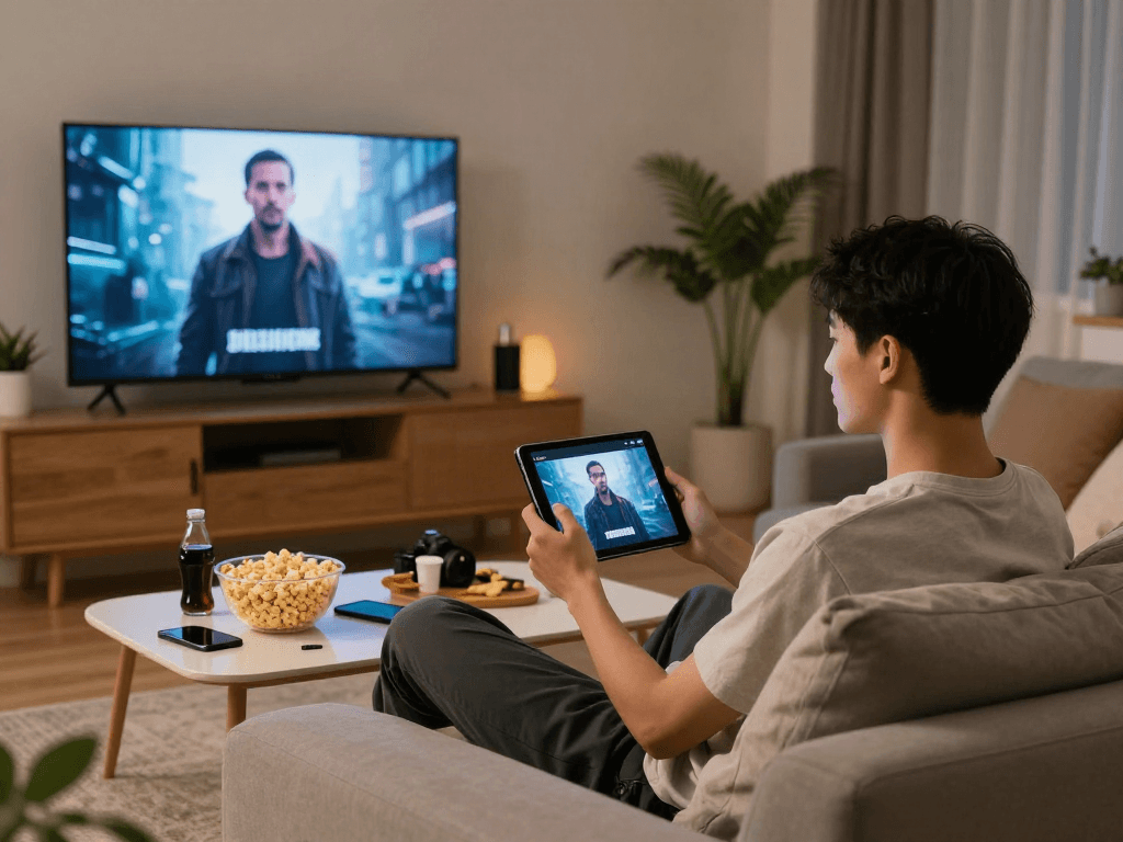 Pikashow streaming setup with cozy living room ambiance and snacks.