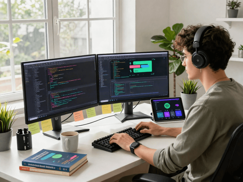 Engaging workspace of a developer coding a spotify mod app, surrounded by tech tools and natural light.