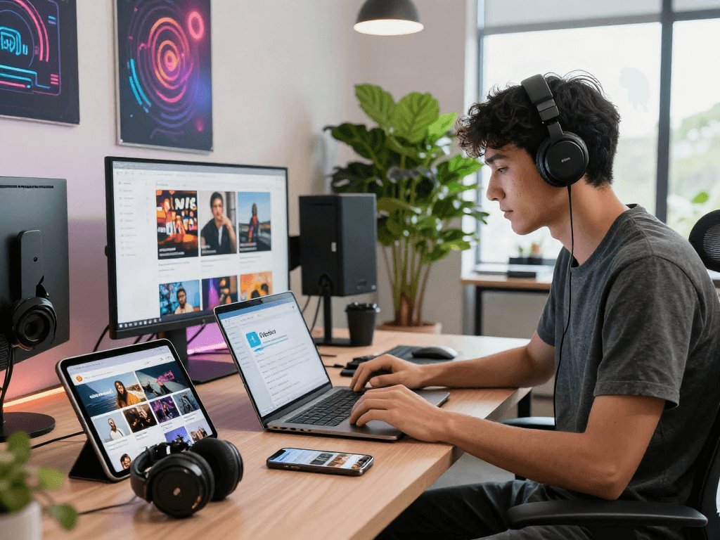Young professional uses Pikashow on a laptop in a modern workspace