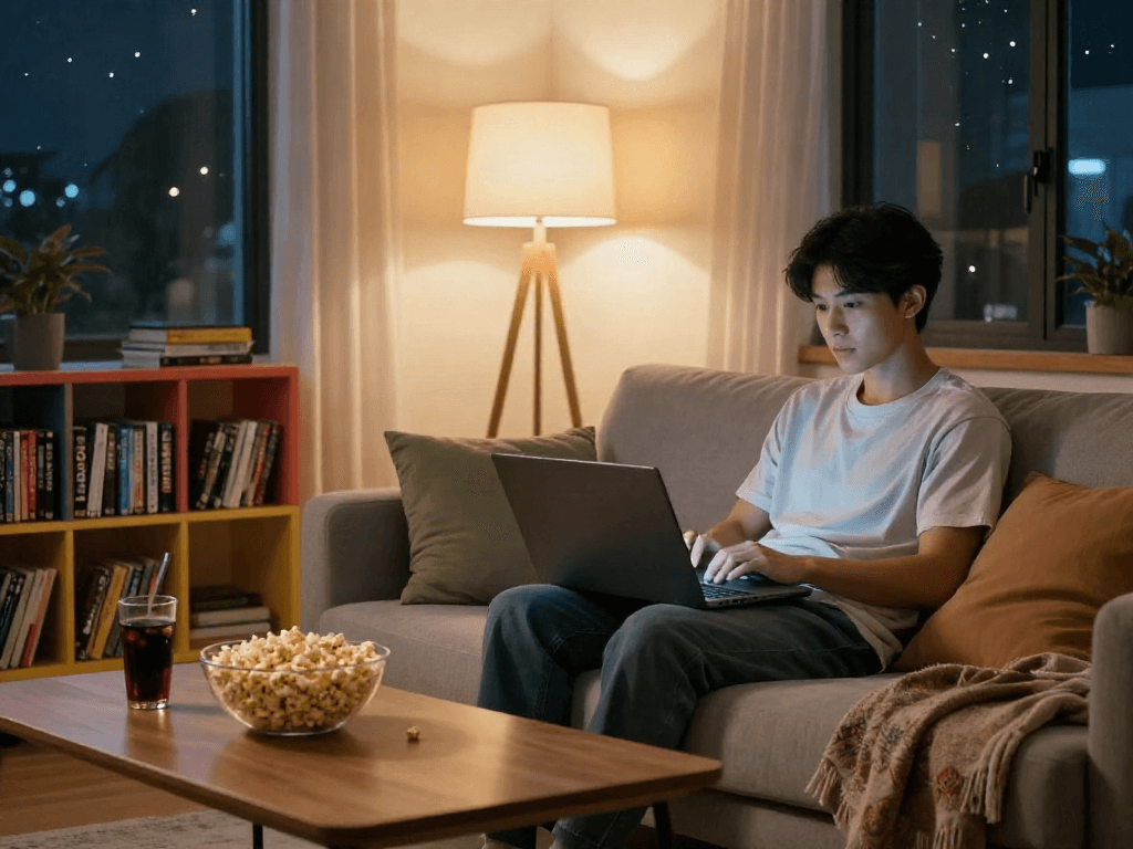 Enjoying a cozy movie night with cocoflix on a laptop in a warm home setting.