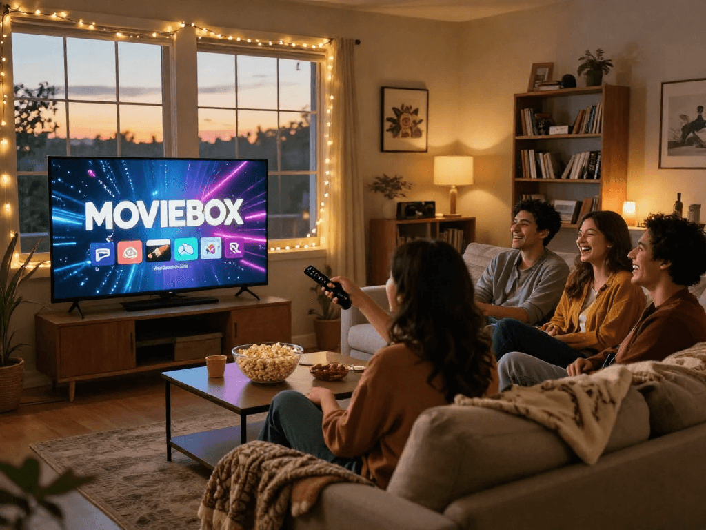 Friends enjoying a vibrant Moviebox screening in a cozy living room during an evening gathering.