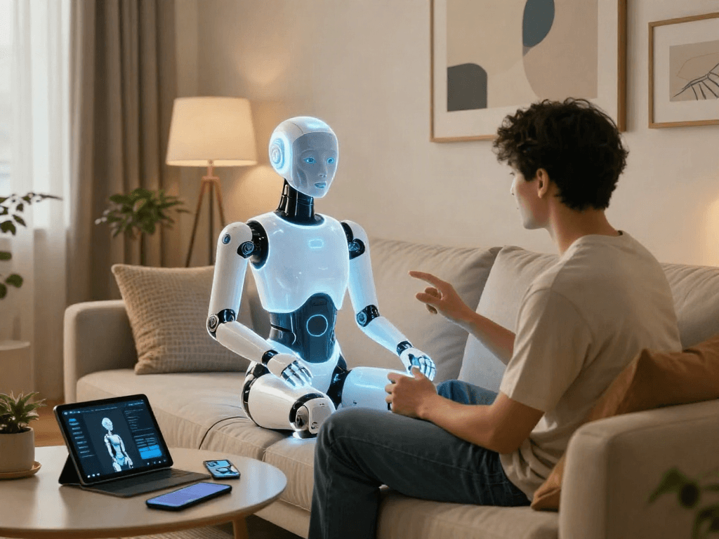 Interactive scene featuring a person with a sex bot hologram in a stylish apartment.