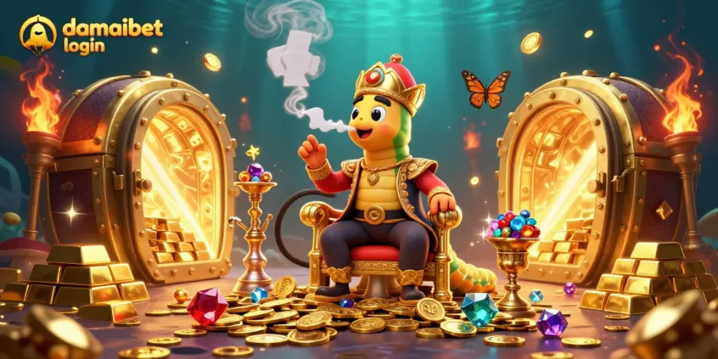Experience the excitement of damaibet login with a vibrant 3D casino scene full of treasures and poker symbols.