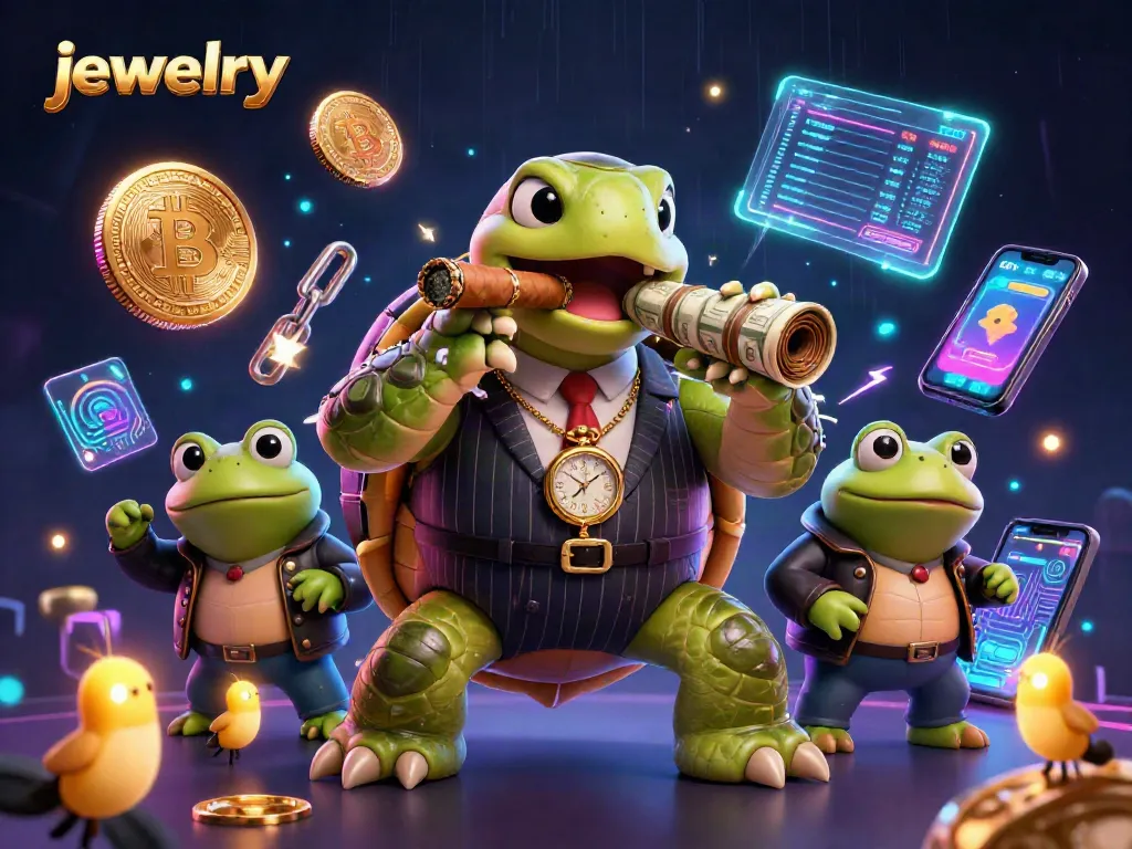 Engage with jewelry casino action featuring a turtle mobster and crypto coins.