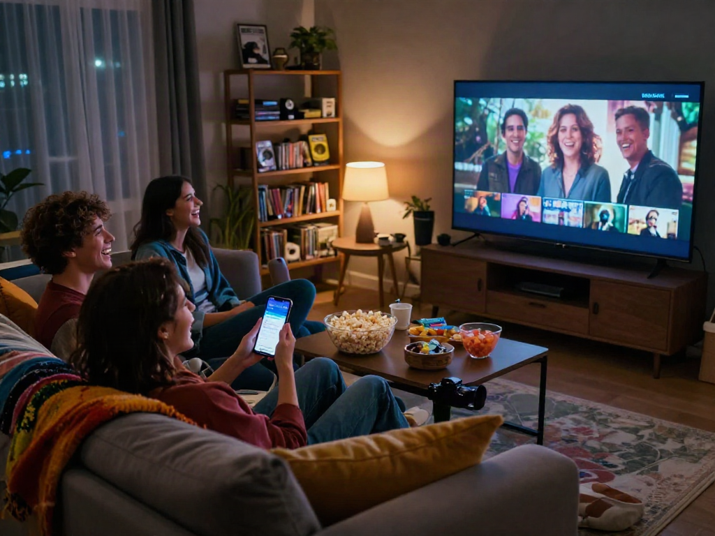 Friends enjoying a movie night with the Moviebox app in a cozy setting.