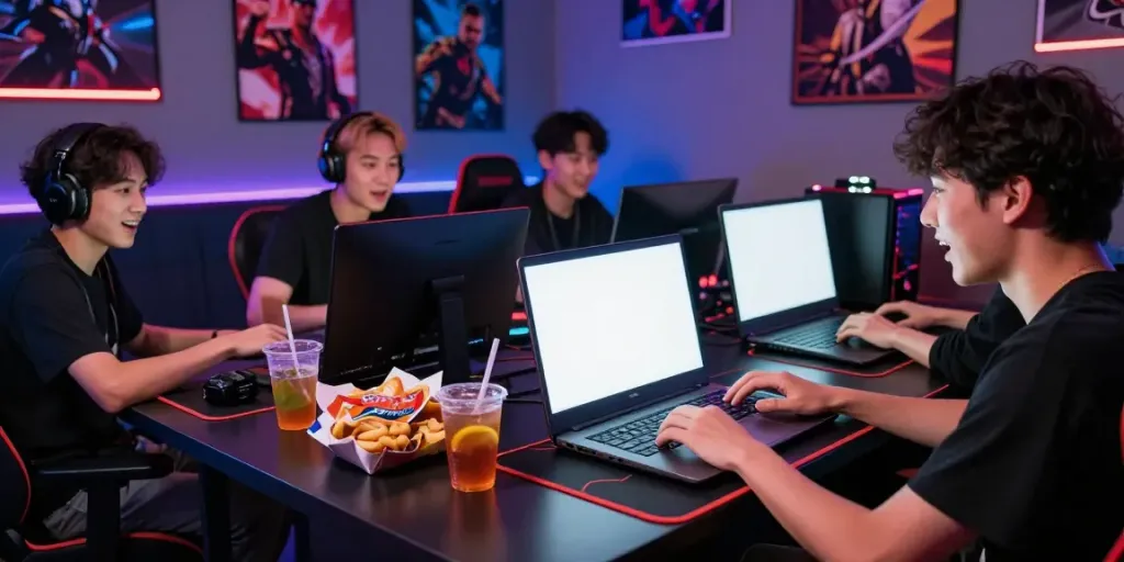Ruang permainan slot online dengan pemain aktif di laptop, suasana ceria rajalangit77.