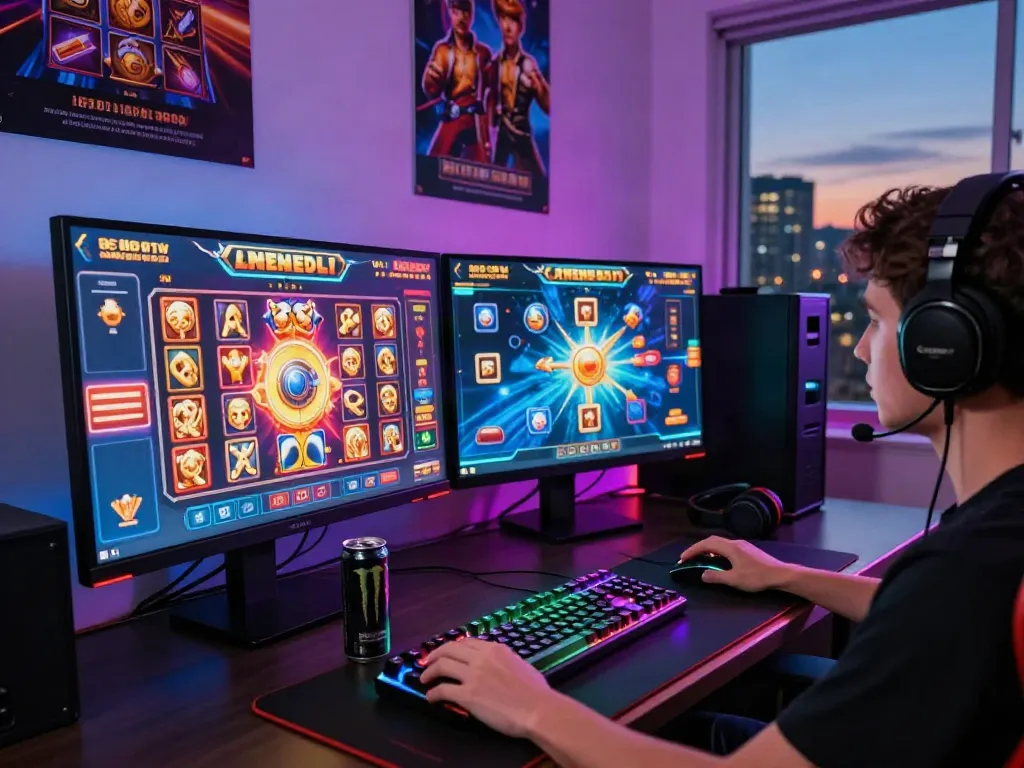 Engaging gaming scene highlighting a player enjoying slot gacor hari ini at a vibrant gaming setup, with dual monitors showcasing colorful game graphics.