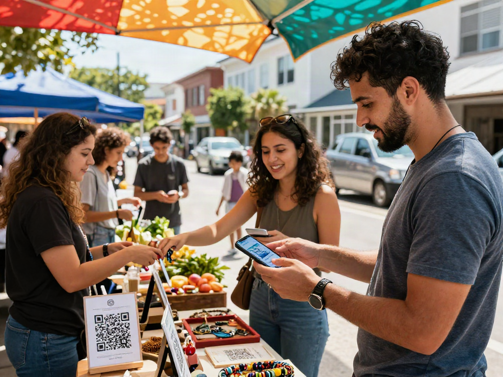 Merchant showcasing slot qris 5k payment method at lively market
