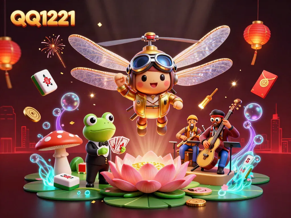 Experience the QQ1221 excitement at a vibrant lily pad casino scene with playful characters.
