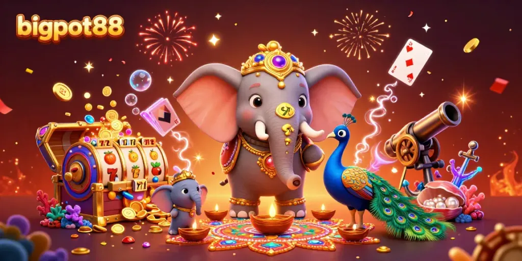 bigpot88 menarik perhatian dengan slot dan jackpot, dikelilingi koin emas dan karakter ikonik.