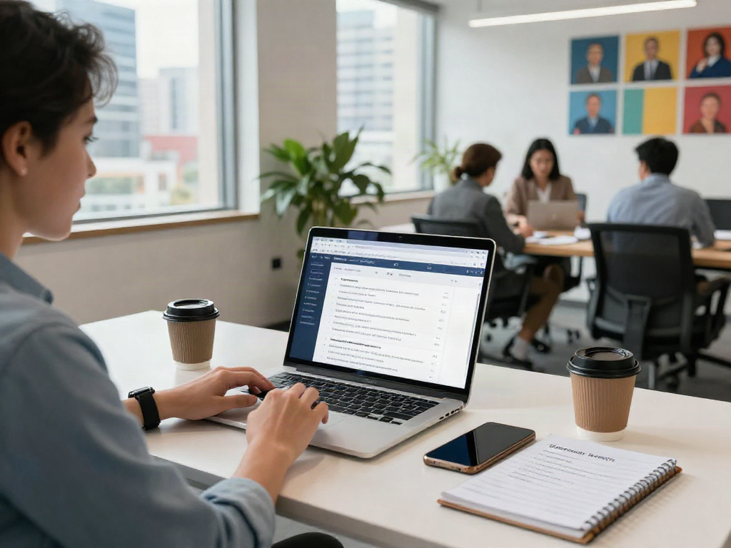 Individual searching for หางาน opportunities in a modern office setting with job listings on laptop.