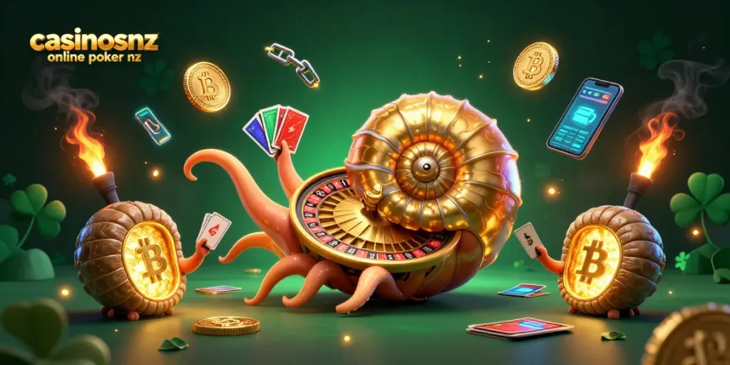 Engage with casinosnz online poker nz in an exciting scene featuring poker and crypto elements.