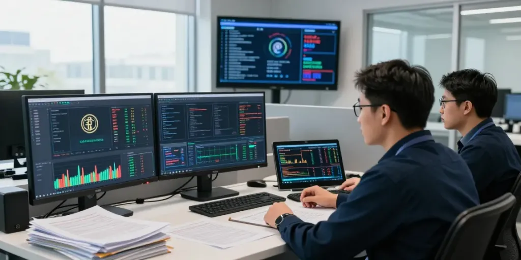 Investigators engaged in a cryptocurrency investigation analysis in a high-tech office setting.