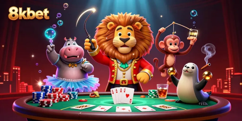 Engage in thrilling poker action with 8xbet's vibrant circus-themed casino scene.