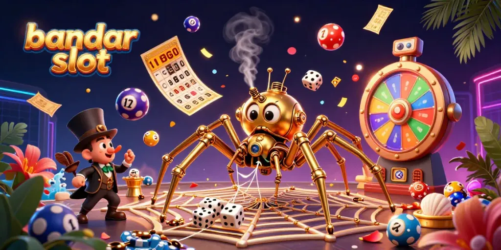Engage with exciting gameplay at bandar slot featuring a dynamic 3D illustration of a steampunk spider and lottery elements.