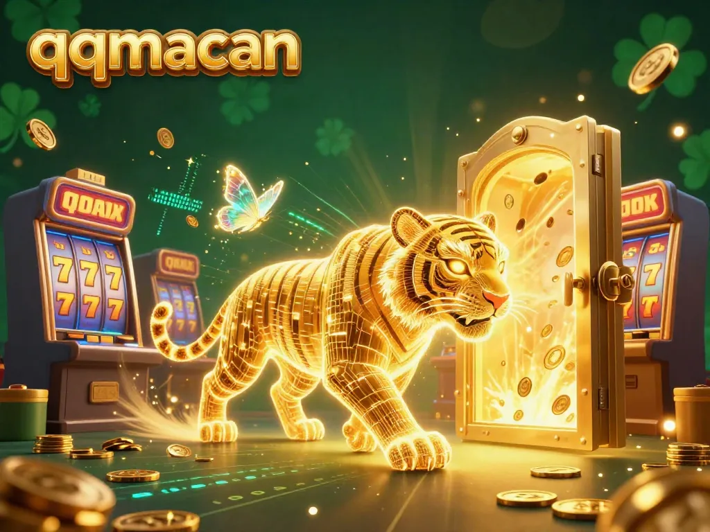 Experience dazzling wins with qqmacan in a vibrant digital casino featuring a golden tiger and spinning slots.