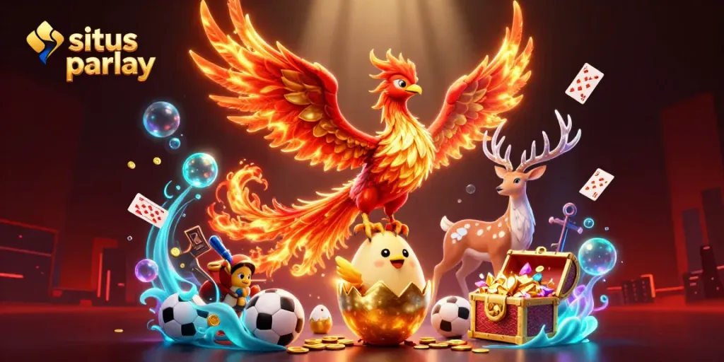Bet on situs parlay with 3D phoenix, stag, and dynamic betting elements in vibrant casino illustration