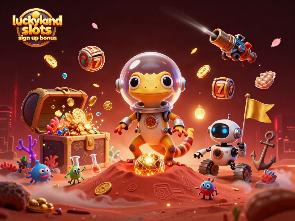 Spin to win big with the luckyland slots sign up bonus in this vibrant 3D illustration.