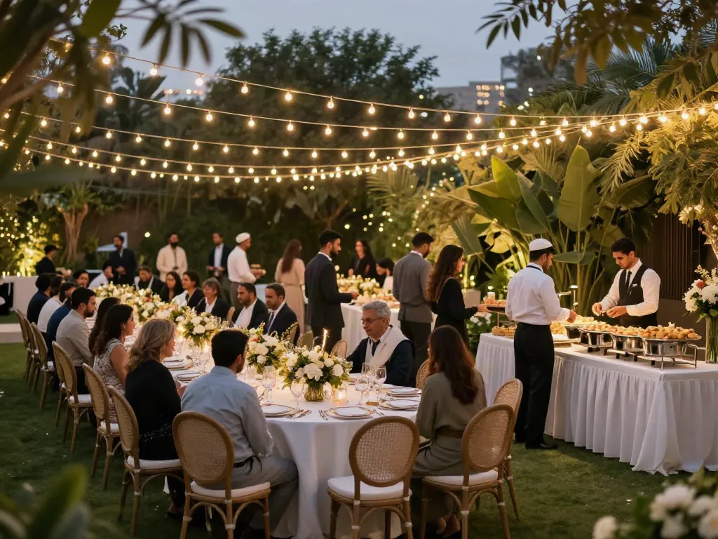Event rental ksa outdoor gala setup with elegant tables, guests, and fairy lights.