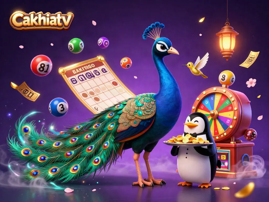 Cakhiatv features an elegant peacock and a butler penguin in a vibrant casino scene filled with lottery balls and confetti.