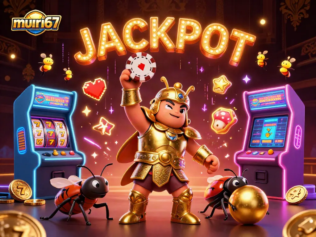 Murai67 showcases a victorious beetle lifting a poker chip amidst a vibrant casino-themed backdrop.