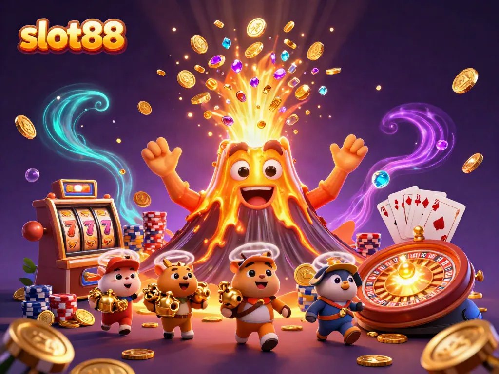 Experience slot88 excitement with a triumphant volcano and treasure-seeking animals in vibrant casino scene.