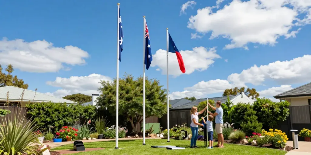 Flag pole kit Australia displayed in a vibrant backyard with flags.