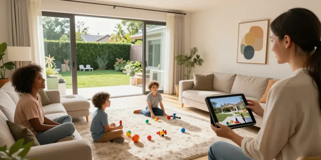Property showcase with a family exploring a cozy living room during their home tour.