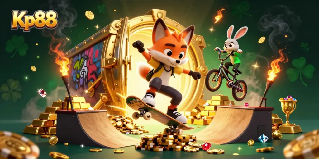 Kp88 shines with excitement as a fox skateboards over poker chips, complemented by a BMX-riding rabbit.