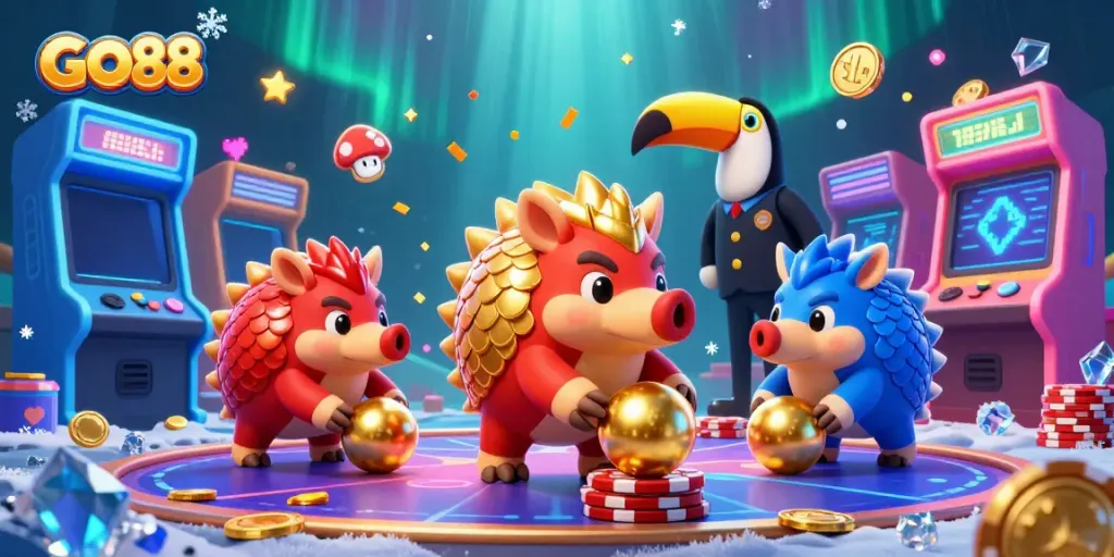 Engage in thrilling games at GO88, with vibrant pangolin characters and dazzling casino elements.