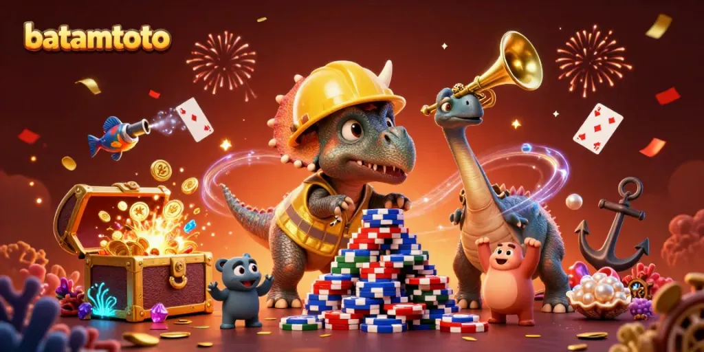 Gambang batamtoto, triceratops membangun tumpukan chip poker di bawah confetti dan kembang api.