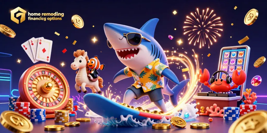 Surf the wave of home remodeling financing options with a shark and friends in a casino-themed scene!