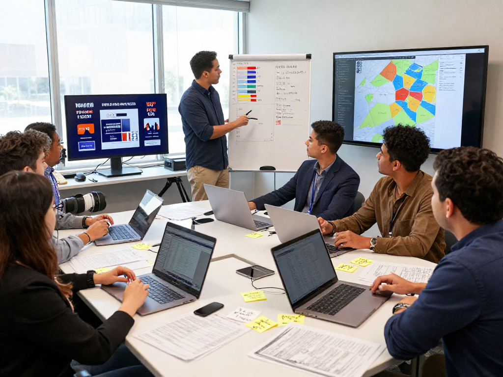 Effective online reputation management for candidates during a political campaign strategy meeting with diverse professionals collaborating on data analysis and campaign planning.