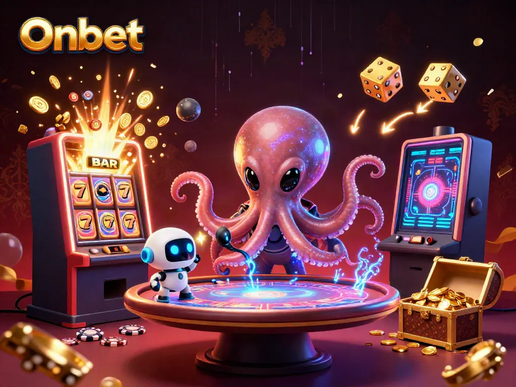 Experience seamless gaming with Onbet's alien octopus at a poker table, celebrating big wins.