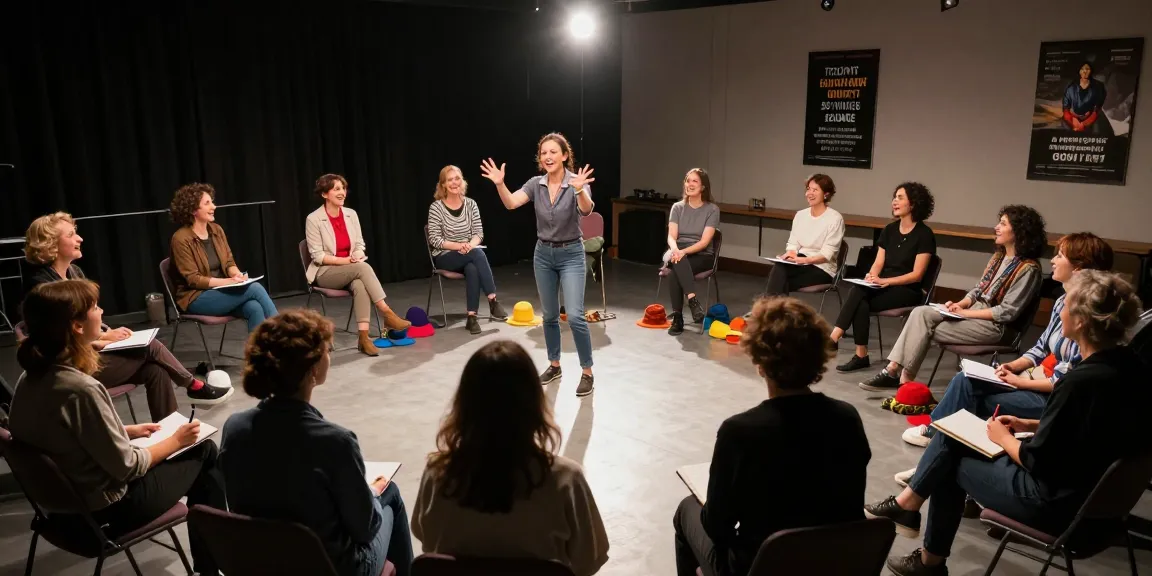 Improv for beginners workshop where diverse participants joyfully engage in exercises, fostering creativity and collaboration.