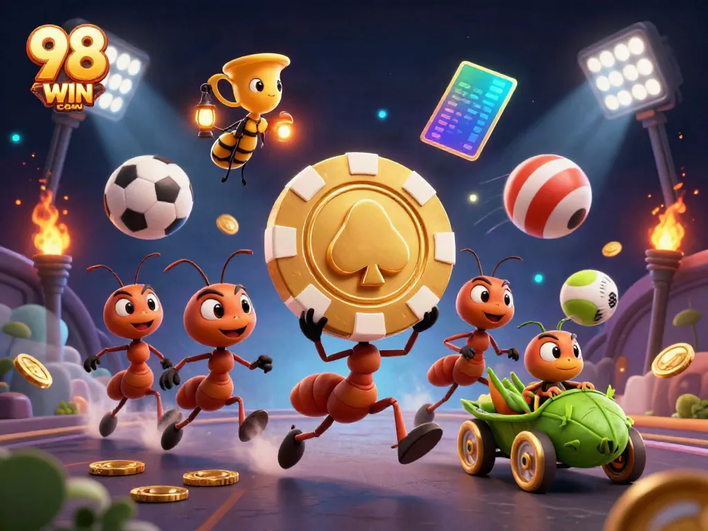 Experience thrilling action at 98 WIN COM as ants pull off a heist with golden poker chips among dynamic gambling elements.