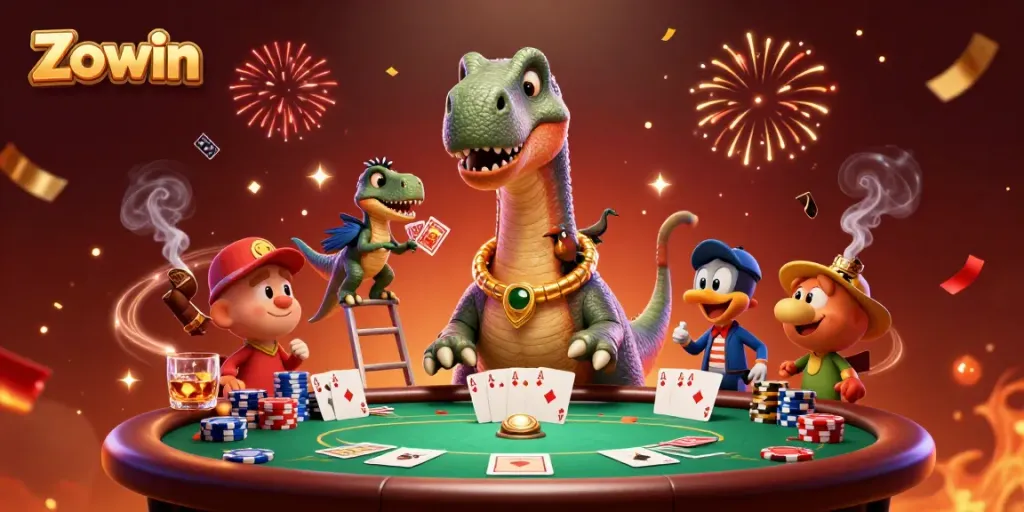 Experience the thrilling games at Zowin casino with a giant brontosaurus overseeing a poker game.